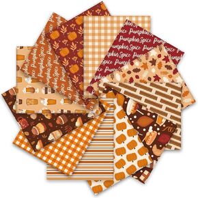 12Pcs Fall Cotton Fabric Bundles 18 x 22 Inch Maple Leaf Pumpkin Drinks Plaid Fat Quarters Autumn Thanksgiving Sewing Fabrics for DIY Craft Party Decor
