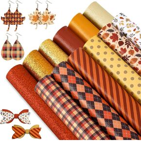 Whaline Fall Faux Leather Sheets 8 x 12 Inch Plaids Stripe Maple Leaves Synthetic Leather Fabric Glittery Orange Red Gold Faux Leather for Autumn Harvest Thanksgiving DIY Craft Earring Hair Bow, 12Pcs