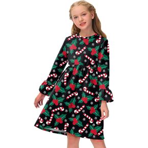 BesserBay Girls Christmas Bell Sleeve Twirly Pleated Midi Dress Size 6-14 Years