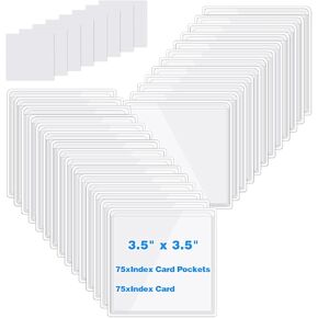 Glenmal 75 Set Self Adhesive Index Card Pockets Holders with Index Cards 3.5 x 3.5 Inch Clear Pocket Sleeves with Top Open Pockets with Flash Cards Labels for Business Library Organizing Storage