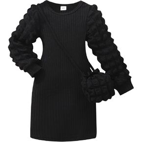 Little Girls Ruffle Lantern Long Sleeve Knit Elastic Bodycorn Mini Dress Fall Holiday Party Dress with Bag