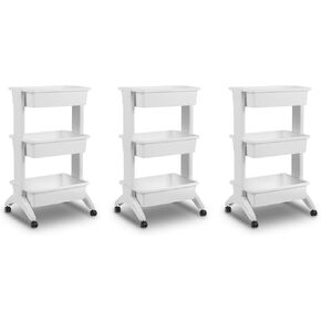 Sterilite 3 Tier Utility Cart Portable Storage Open Bin Organizer with 360 Degree Smooth Rolling Caster Wheels, Supports 10 lb Per Tier, White, 6-Pack