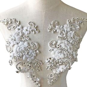 Sparkling Rhinestone Applique Mirror Pair Beaded Crystal Embroidery Floral Patch Bling Accent for Wedding Dress Evening Gown Silver Color