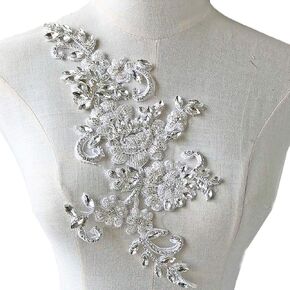 Sparkling Rhinestone Applique Mirror Pair Beaded Crystal Embroidery Floral Patch Bling Accent for Wedding Dress Evening Gown Silver Color