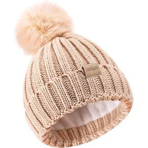 Children's Winter Warm Pompom Hat Fleece Lined Knit Beanie for Kids Aged 3-9, Perfect for Boys and Girls White