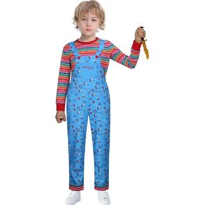 FOGHORN Kids Chucky Halloween Costume Boys Girls Blue Floral Overalls Striped Top Rompers Jumpsuit Cosplay Outfit