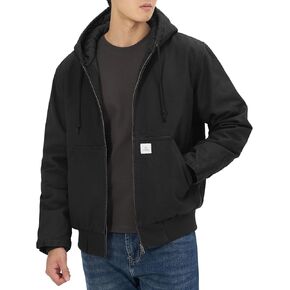 HISEA Men's Loose Fit Washed Duck Active Jacket Winter Insulated Canvas Hooded Work Utility Jacket with Pockets