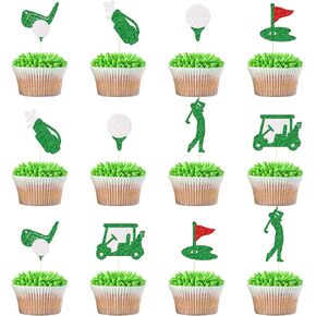 Little Man Golf Cupcake Toppers, Golf Birthday Party Decorations, Golf Decor, Let's Par-Tee, Golf Party Decorations, Green and Silver Glitter, 24Pcs