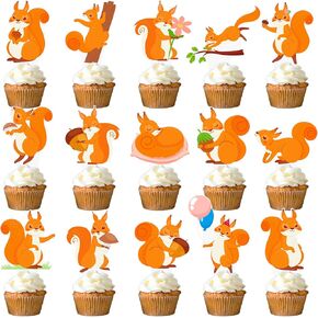 48Pcs Squirrel Theme Cupcake Toppers Woodland Animal Birthday Party Decorations Cartoon Squirrel Cake Topper Decorations for Woodland Theme Baby Shower Forest Animal Party Supplies