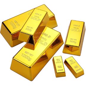 6 Pcs Fake Gold Bar Replica Brick Bullion Glittering Movie Prop for Stage Decoration Halloween Pirate Costume Party Supplies Novelty Gifts Paper Weight Door Stop (Gold, 6.5 Inch)