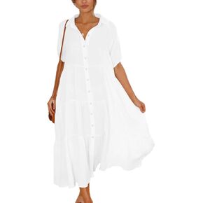 Paintcolors Women's Casual Short Sleeve Button Down Beach Long Swimsuit Cover Ups Summer Maxi Shirt Dress Kimonos Cardigans