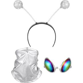 Bencailor 3 Pcs Alien Headband Alien Glasses and Silver Scarf Set Halloween Alien Costume Party Favors Martian Antenna Boppers Antenna Headband Sunglasses for Adults