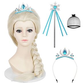 Probeauty Long Blonde Braided Wig for Girls Princess Cosplay, Kids Costume Wig with Magic Wand Crown for Halloween Christmas Birthday Party