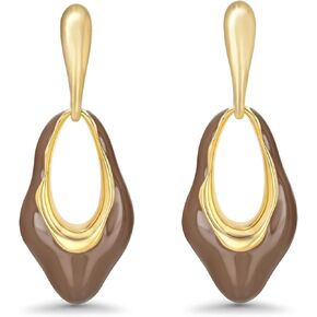 Brown Beige Large Long Oval Chunky Dangle Irregular Gold Enamel Resin Hoops Statement Earrings for Women, Big Bold Tan Drop Handmade Exaggerated Trendy Bohemian Flower Jewelry Gifts, Unique Teardrop Baroque Summer Beach Floral Fashion Earrings Accessories