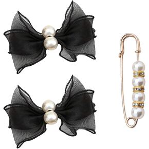 Tulle Bow Shoe Clips Elegant Pearl Shoe Embellishment Detachable Women Shoe Decoration Charms for Pumps Accessories 2 Pcs Black