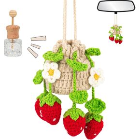 Crochet Plant Pendant for Car,Handmade Strawberry Crochet Car Mirror Hanging for Women,Crochet Car Interior Accessories Aesthetics,10ml Empty Refillable Car Oil Diffuser Bottle