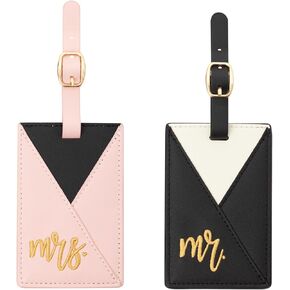 Mr. and Mrs. Embroidered Leather Luggage Tag Set, Wedding Gift for Couples, Gold Embroidery Travel Accessories, Suitcase Tags for Honeymoon and Newlyweds (Black Pink Mrs+White Black Mr)