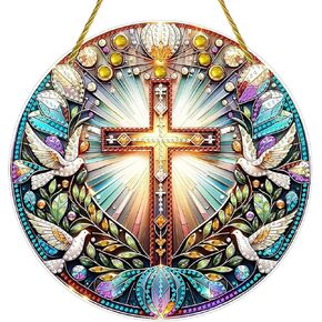 DIY Diamond Art Painting Wreath Kits，Special Shaped Rhinestone Hanging Ornament Diamond Art Acrylic Window Pendants for Gift Home Garden Wall Hanging Kits(Cross-1)