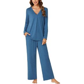 Vrtige Women's Pajama Set V Neck Long Sleeve Pleated Top With Wide Leg Pants 2 Piece Pj Set Sleepwear