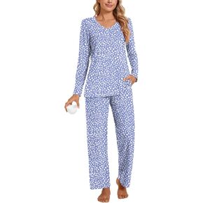 POPYOUNG Women's Pajama Set, Fall-Winter Lounge sets Long Sleeves Sleepwear V Neck with pockets 2 Piece Pjs Sets Nightwear