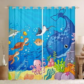 Marine Animals Window Curtains,Shark Octopus Turtle Coral Window Drapes for Kids Teens Adults,Underwater World Cartoon Sea Blue Window Treatments Grommet Top 2 Panel Set Bedroom Curtains,42Wx63L inch