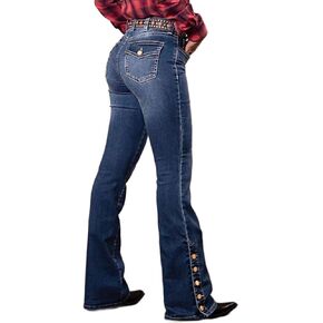 Flamingals Women's Buttoned Hem Bootcut Jeans Without Belt Mid Waist Casual Pants Navy Blue