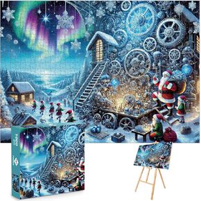 Christmas 1000-Piece Jigsaw Puzzle for Adults|Creative Play&Holiday Party Gifts |28 x 20 Inches Santa Claus Workshop Jigsaw Puzzle with Festive Northern Lights Steampunk Gears(Christmas -1, 1000)