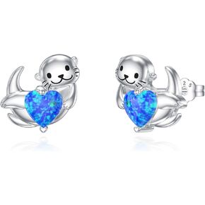 Sea Otter Earrings 925 Sterling Silver Blue Opal Otter Earrings Cute Animal Stud Earrings Jewelry Gifts for Women