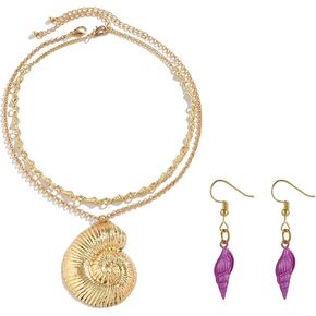Layered Gold Conch Seashell Earring Necklace Choker Necklaces Jewelry Witch Necklace for Costume Accessory