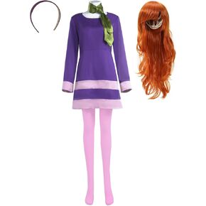 Halloween Deluxe Adult Costume Women Purple Dress Wig Headband Scarf Wig Cap and High Socks for Halloween Cosplay ﻿