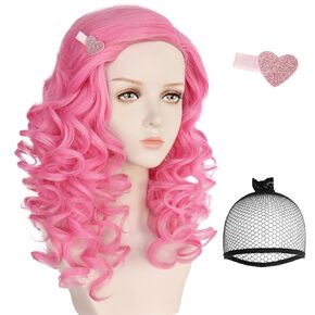 Anogol Hair Cap + (1 Clip) Long Pink Curly Wig Women Girls Pink Princess Wig Pink Hair for Cosplay Long Wavy Pink Wig Synthetic Wig Pink Costume Wig Pink Outfit Halloween Party Wig