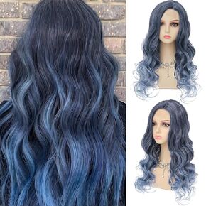 Ombre Blue Wigs for Women Long Curly Wave Wigs Middle Part Hair Natural Synthetic Hair Halloween Cosplay Wig