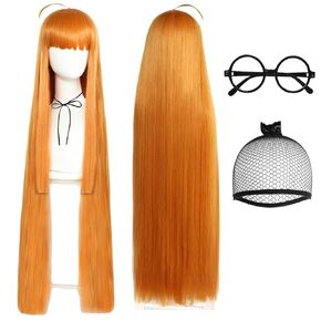 Anogol Hair Cap+(1 Glasses) 108 cm Long Orange Wig for Women Orange Cosplay Wig with bands Long Straight Wig Orange Wig for Daily Use Anime Wig Cosplay Wig Anime Outfit for Halloween Party Costume