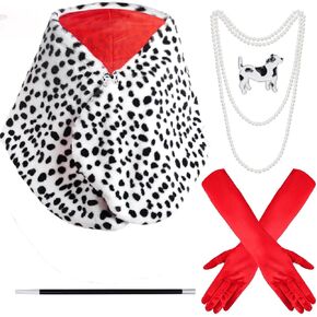 Women's Halloween Dalmatian set Black and White scarf Pearl necklace Red gloves cosplay party costume