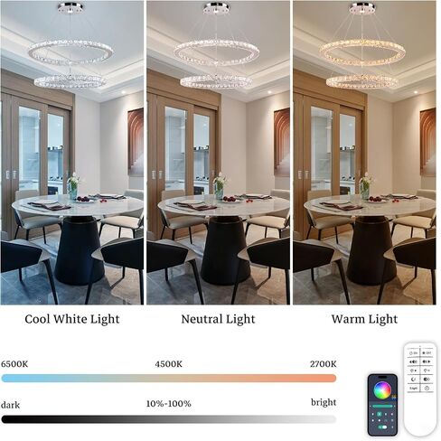 Finktonglan Crystal Chandeliers Oval Pendant Light Modern 2 Rings LED Chandelier Shape Adjustable, 23.6 inch Pendant Lighting Chandeliers for Dining Room Bedroom(6500K White) in Saudi Arabia