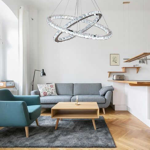 Finktonglan Crystal Chandeliers Oval Pendant Light Modern 2 Rings LED Chandelier Shape Adjustable, 23.6 inch Pendant Lighting Chandeliers for Dining Room Bedroom(6500K White) in Saudi Arabia