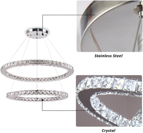 Finktonglan Crystal Chandeliers Oval Pendant Light Modern 2 Rings LED Chandelier Shape Adjustable, 23.6 inch Pendant Lighting Chandeliers for Dining Room Bedroom(6500K White) in Saudi Arabia