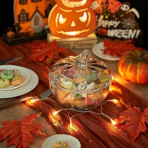 مجموعة 6 قطع من جرة حلوى اليقطين الزجاجية من تيسكو، وعاء حلوى اليقطين مع غطاء للهالوين، تتضمن جرة اليقطين مع غطاء، وأوراق القيقب وخيوط خفيفة لتزيين المنزل في عيد الهالوين وعيد الشكر، 70 جم in Kuwait