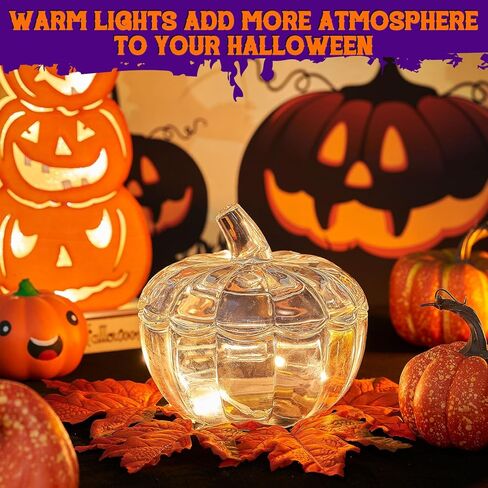 مجموعة 6 قطع من جرة حلوى اليقطين الزجاجية من تيسكو، وعاء حلوى اليقطين مع غطاء للهالوين، تتضمن جرة اليقطين مع غطاء، وأوراق القيقب وخيوط خفيفة لتزيين المنزل في عيد الهالوين وعيد الشكر، 70 جم in Kuwait