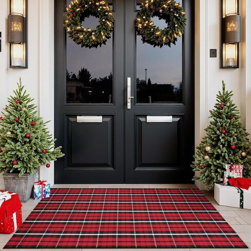 Buffalo Plaid Rug 35"x59",Christmas Cotton Front Door Mat Machine Washable Outdoor Entryway Rugs, Checkered Indoor Floor Throw Rugs for Porch Doorway Living Room Decor(Black and Red) in Kuwait