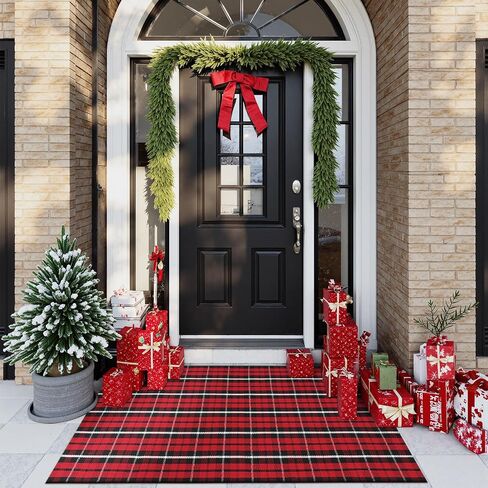 Buffalo Plaid Rug 35"x59",Christmas Cotton Front Door Mat Machine Washable Outdoor Entryway Rugs, Checkered Indoor Floor Throw Rugs for Porch Doorway Living Room Decor(Black and Red) in Kuwait