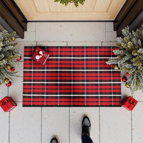 Buffalo Plaid Rug 35"x59",Christmas Cotton Front Door Mat Machine Washable Outdoor Entryway Rugs, Checkered Indoor Floor Throw Rugs for Porch Doorway Living Room Decor(Black and Red) in Kuwait