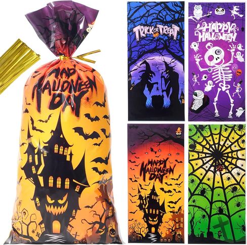 HiloPack Halloween Treat Bags for Candy, 50Pcs Halloween Goodie Bags with Twist Ties, Halloween Candy Bags Gift Bags for Kids Halloween Trick or Treat Party Supplies, Hallowen Favors Bag Decor (Goody) in Saudi Arabia