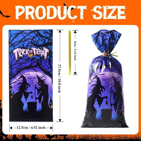 HiloPack Halloween Treat Bags for Candy, 50Pcs Halloween Goodie Bags with Twist Ties, Halloween Candy Bags Gift Bags for Kids Halloween Trick or Treat Party Supplies, Hallowen Favors Bag Decor (Goody) in Saudi Arabia