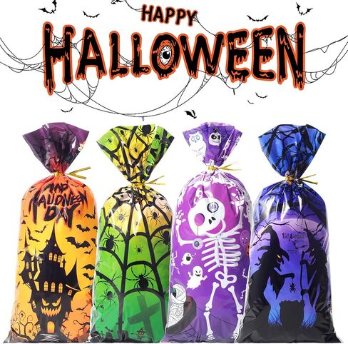 HiloPack Halloween Treat Bags for Candy, 50Pcs Halloween Goodie Bags with Twist Ties, Halloween Candy Bags Gift Bags for Kids Halloween Trick or Treat Party Supplies, Hallowen Favors Bag Decor (Goody) in Saudi Arabia