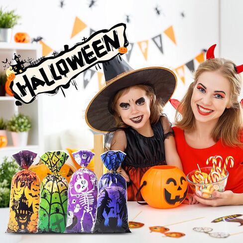 HiloPack Halloween Treat Bags for Candy, 50Pcs Halloween Goodie Bags with Twist Ties, Halloween Candy Bags Gift Bags for Kids Halloween Trick or Treat Party Supplies, Hallowen Favors Bag Decor (Goody) in Saudi Arabia