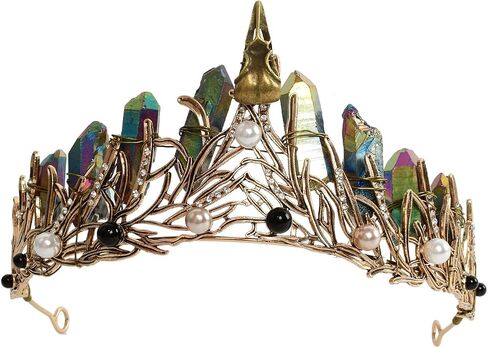 Aura Crystal Quartz Crown Tiara-Triple Goddess Moon Crystal Boho Headband Wedding Bride Headpiece for Woman Festival and Parties (Rainbow-Raven) in Saudi Arabia