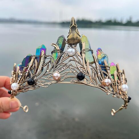 Aura Crystal Quartz Crown Tiara-Triple Goddess Moon Crystal Boho Headband Wedding Bride Headpiece for Woman Festival and Parties (Rainbow-Raven) in Saudi Arabia