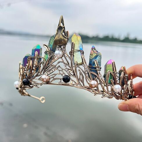 Aura Crystal Quartz Crown Tiara-Triple Goddess Moon Crystal Boho Headband Wedding Bride Headpiece for Woman Festival and Parties (Rainbow-Raven) in Saudi Arabia