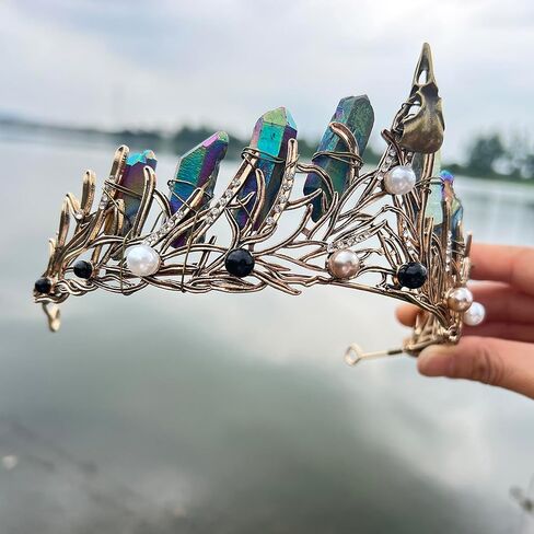 Aura Crystal Quartz Crown Tiara-Triple Goddess Moon Crystal Boho Headband Wedding Bride Headpiece for Woman Festival and Parties (Rainbow-Raven) in Saudi Arabia